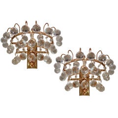 Pair Of Mid-Century Faceted Crystal and Brass Wall Sconces