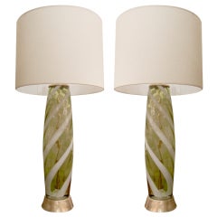 Pair of Mid-Century Green & White Swirl Murano Glass Table Lamps