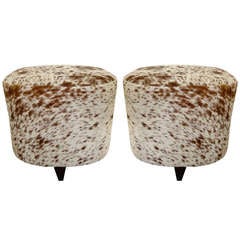 Pair Of Mid-Century Italian Oval Ottomans/Stools In Cowhide