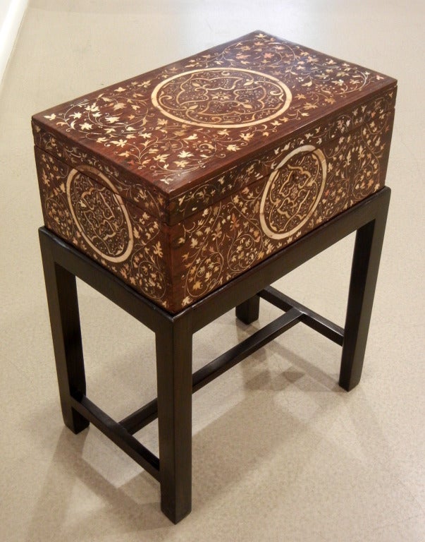 Large Antique Anglo-Indian Ivory Inlaid Box/Side Table On Stand