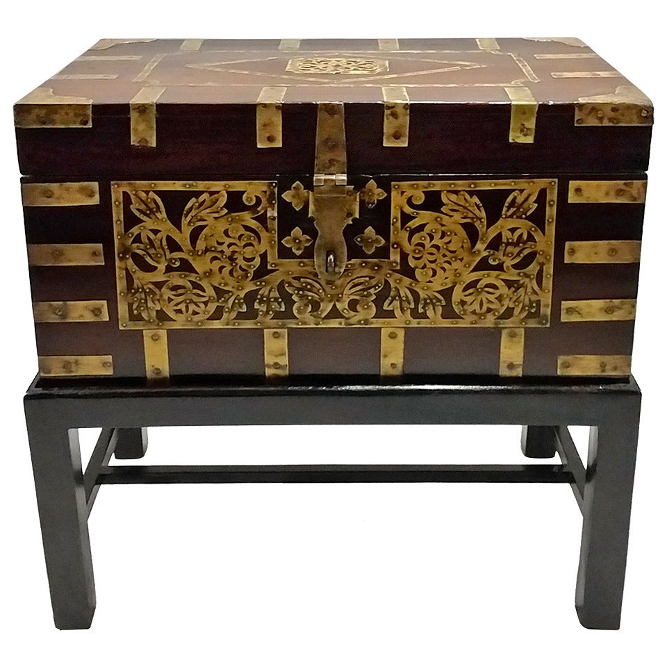 Large Anglo-Indian Brass Inlaid, Fitted Box or Side Table on Stand