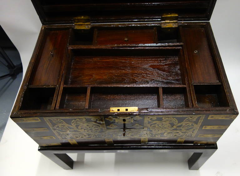 Large Anglo-Indian Brass Inlaid, Fitted Box or Side Table on Stand 2