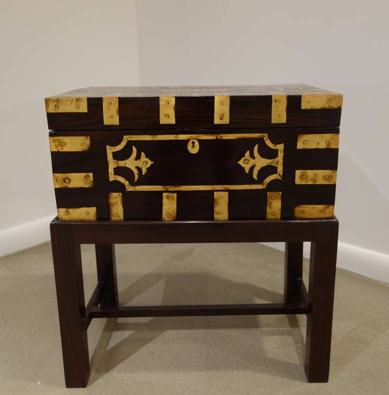 19th Century Anglo-Indian Brass & Rosewood Campaign Box/Side Table On Stand