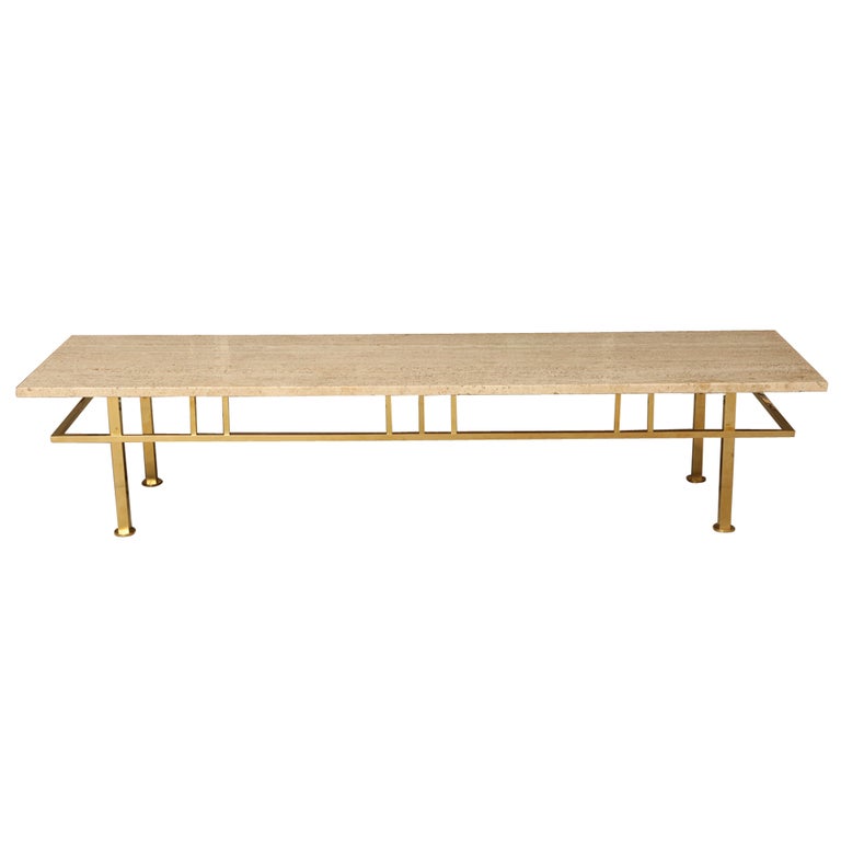 Mid-Century Travertine 
Brass Cocktail/Coffee Table By Harvey Probber