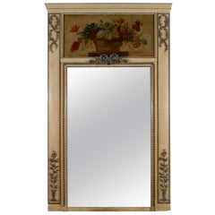 1810s French Louis XVI Style Painted and Gilt Trumeau Mirror with Floral Motifs