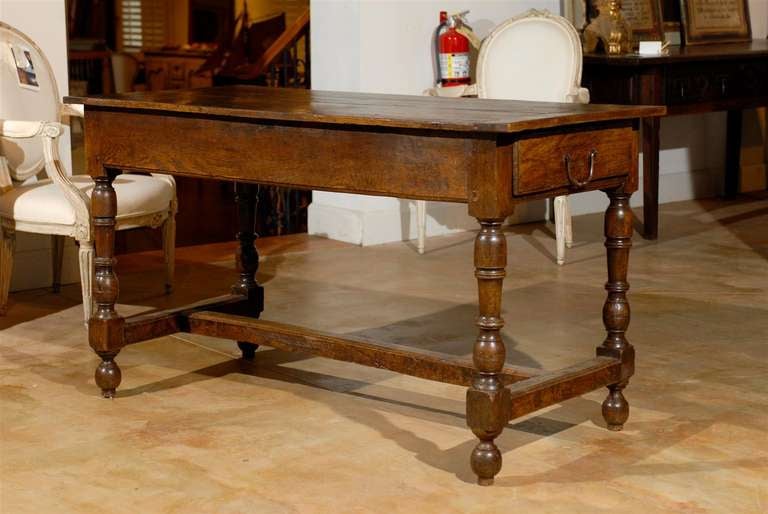 1760s French Louis XIII Style Oak Table with Turned Legs and Single Drawer In Good Condition In Atlanta, GA