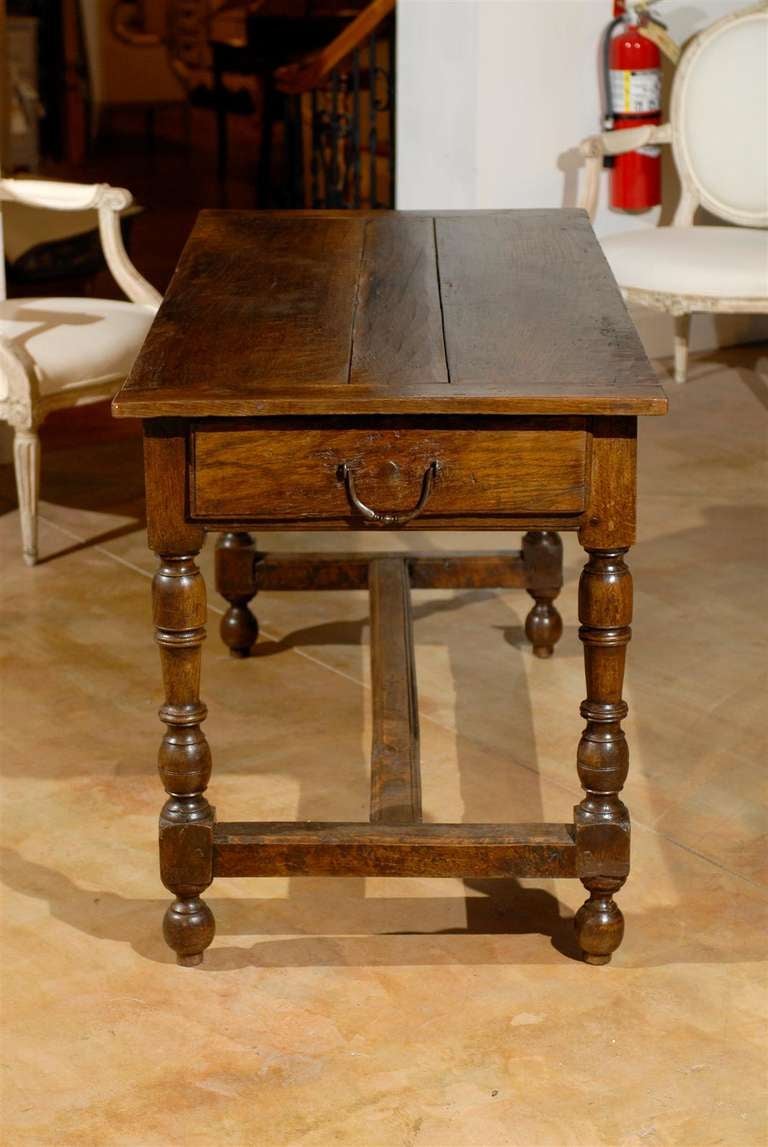 1760s French Louis XIII Style Oak Table with Turned Legs and Single Drawer 1