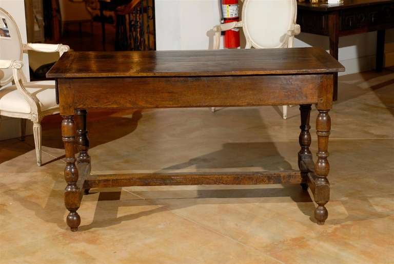 Wood 1760s French Louis XIII Style Oak Table with Turned Legs and Single Drawer