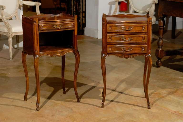 Wood Pair of French Louis XV Style Walnut Bedside Tables with Drawers and Open Shelf