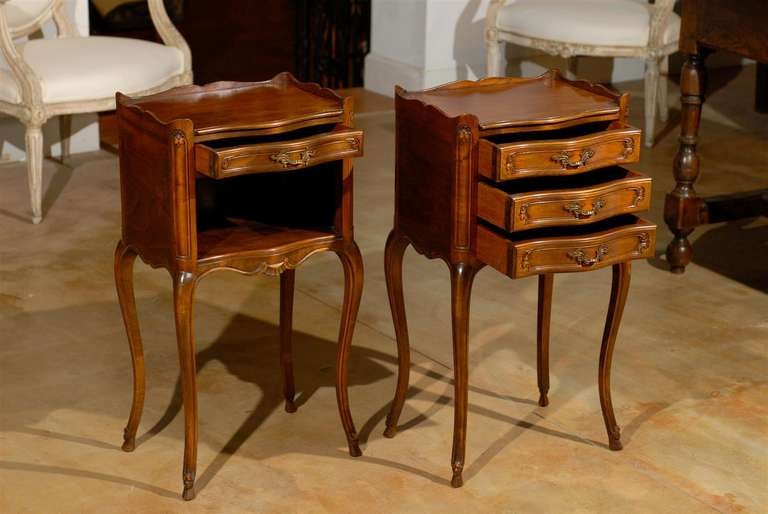 Pair of French Louis XV Style Walnut Bedside Tables with Drawers and Open Shelf 2