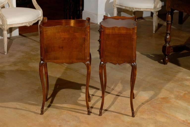 Pair of French Louis XV Style Walnut Bedside Tables with Drawers and Open Shelf 4