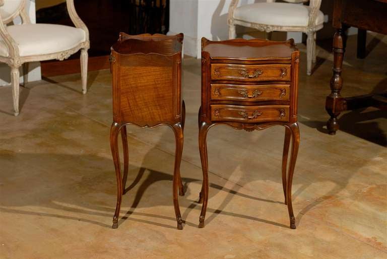 Pair of French Louis XV Style Walnut Bedside Tables with Drawers and Open Shelf 3