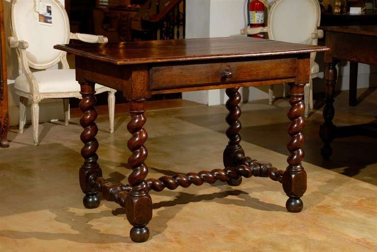 17th Century French Walnut Side Table with Single Drawer and Barley-Twist Base For Sale 5