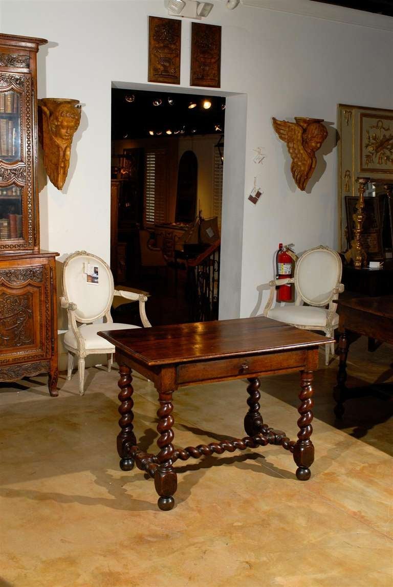 17th Century French Walnut Side Table with Single Drawer and Barley-Twist Base For Sale 4