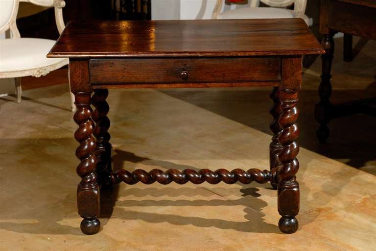 18th Century and Earlier 17th Century French Walnut Side Table with Single Drawer and Barley-Twist Base For Sale