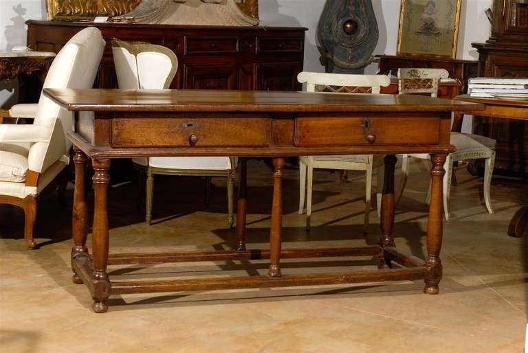 Period Louis XIII Walnut Table with Two Drawers and Stretcher.