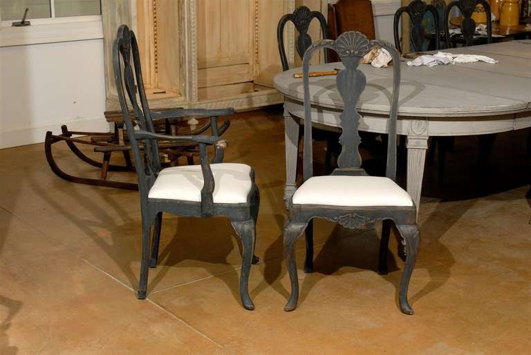 Set of Eight Swedish Rococo Revival Dining Chairs with Carved Splats, circa 1860 1