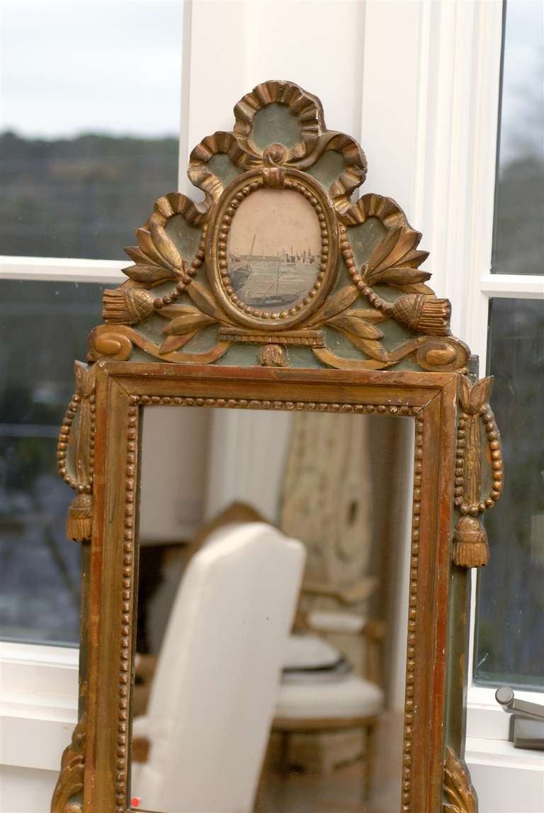18th Century Louis XV 1760s Painted, Gilt and Carved Accent Mirror w/ Grisaille Harbor Scene For Sale