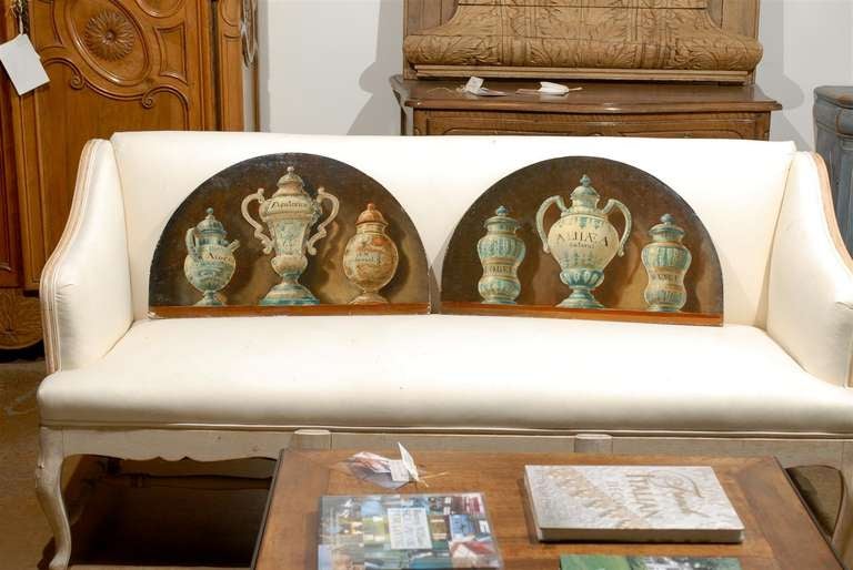 Pair of French 1900s Demilune Maison Jansen Panels, Depicting Apothecary Jars In Good Condition In Atlanta, GA