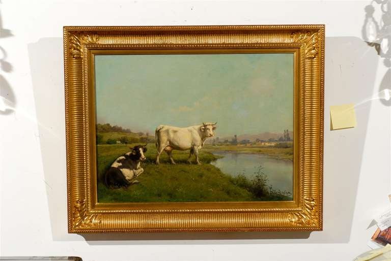 Français Peinture réaliste française à l'huile sur toile représentant une vache, signée par Théodore Levigne, circa 1880 en vente