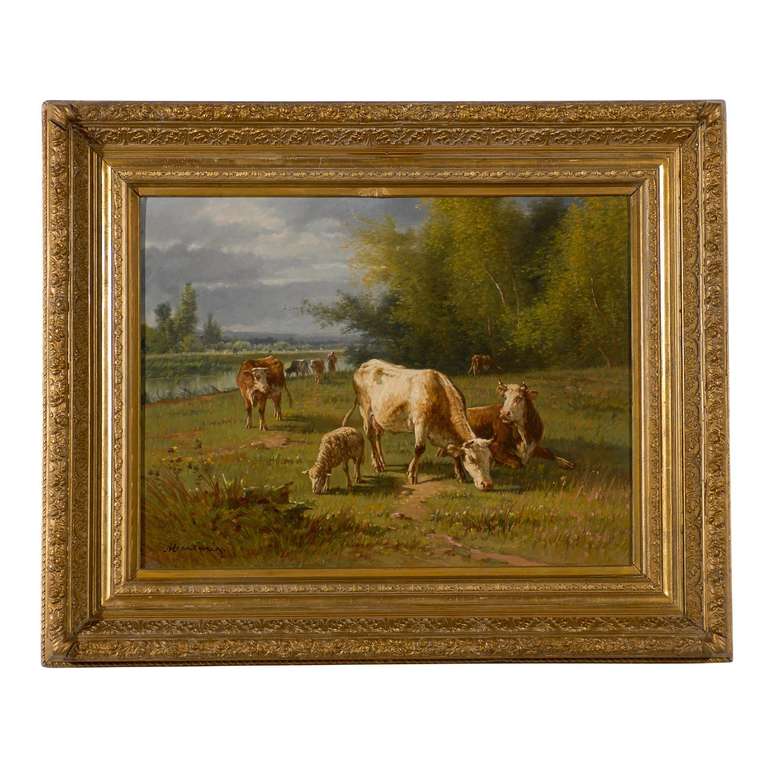 A French Barbizon School oil on canvas painting of cattle herd in a landscape by Pablo (Pierre) Martinez Del Rio, second half of the 19th century. This French plein air painting features an exquisite depiction of a cattle herd, lead from afar by