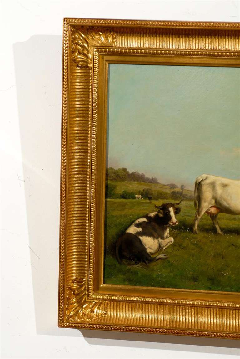 19th Century French Realist Oil on Canvas Cow Painting Signed by Théodore Levigne, circa 1880 For Sale