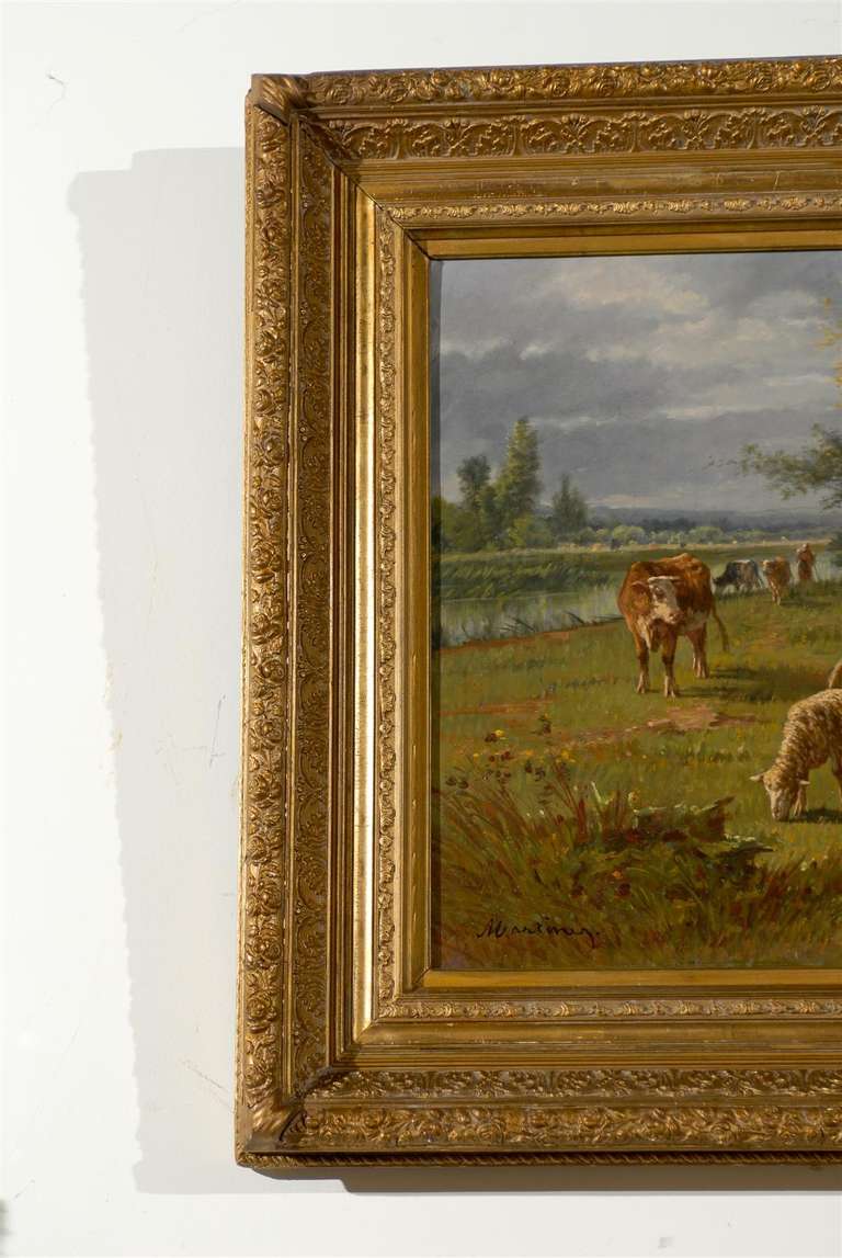 Toile Peinture à l'huile française de Barbizon représentant un troupeau de bovins par Pablo Martinez del Rio, années 1870 en vente