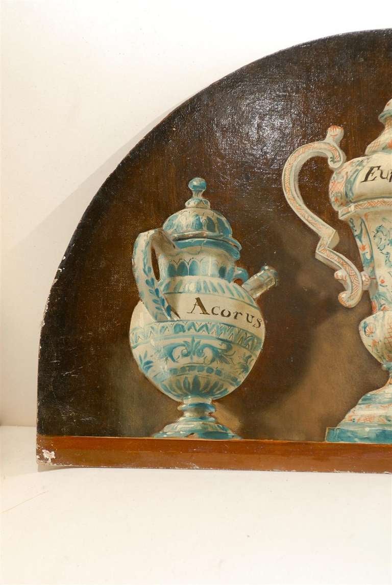 20th Century Pair of French 1900s Demilune Maison Jansen Panels, Depicting Apothecary Jars