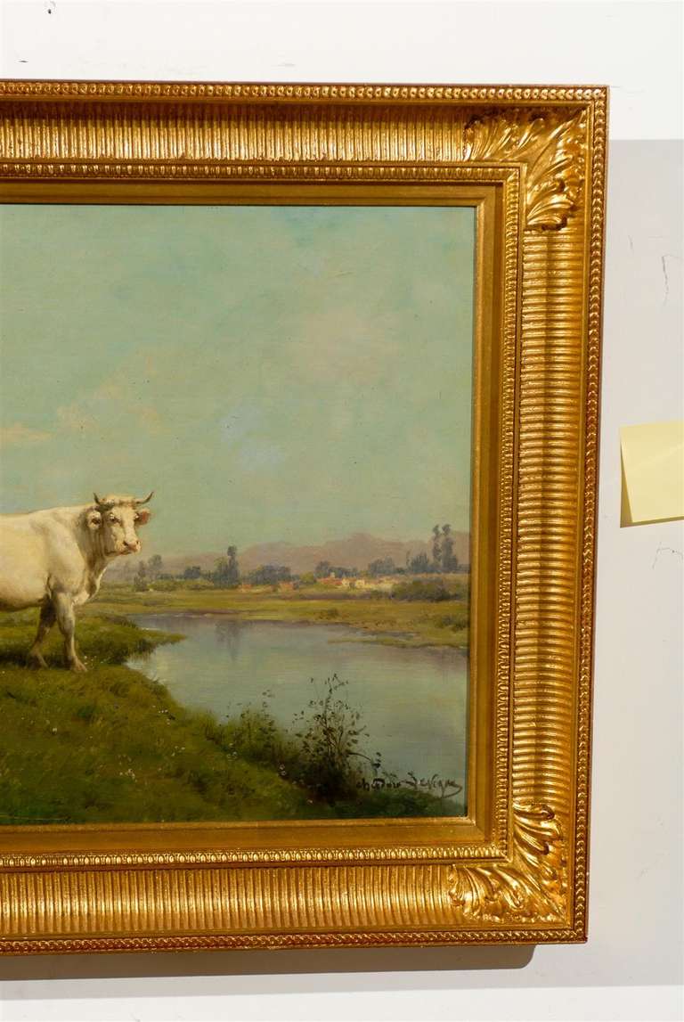 Toile Peinture réaliste française à l'huile sur toile représentant une vache, signée par Théodore Levigne, circa 1880 en vente