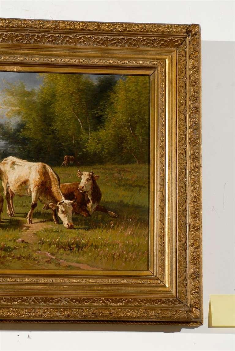 Peint à la main Peinture à l'huile française de Barbizon représentant un troupeau de bovins par Pablo Martinez del Rio, années 1870 en vente