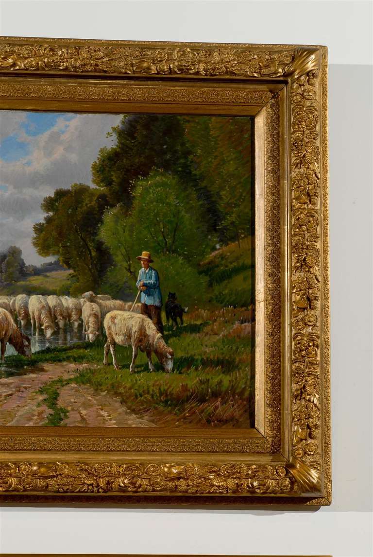 Canvas French Barbizon Painting of a Shepherd with His Herd of Sheep, Late 19th Century For Sale