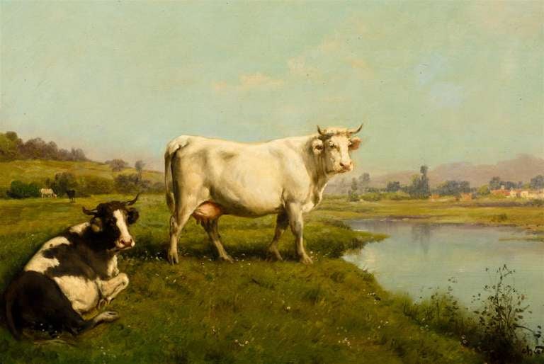 French Realist Oil on Canvas Cow Painting Signed by Théodore Levigne, circa 1880 For Sale 1