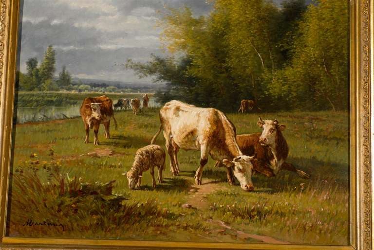 Hand-Painted French Barbizon Oil Painting of Cattle Herd by Pablo Martinez del Rio, 1870s For Sale