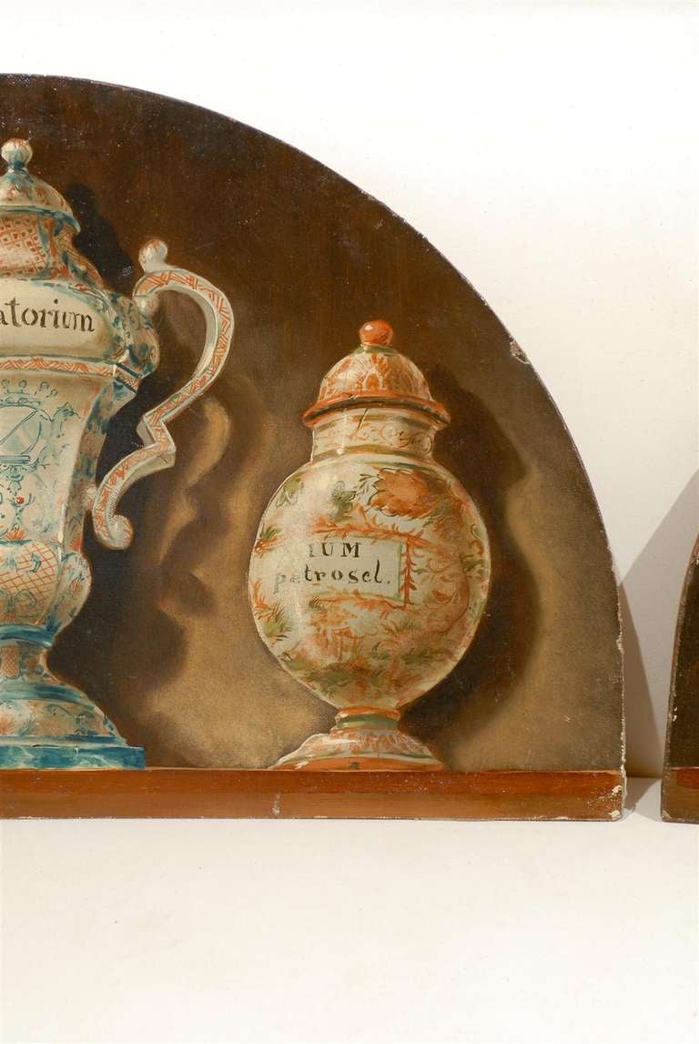 Pair of French 1900s Demilune Maison Jansen Panels, Depicting Apothecary Jars 3