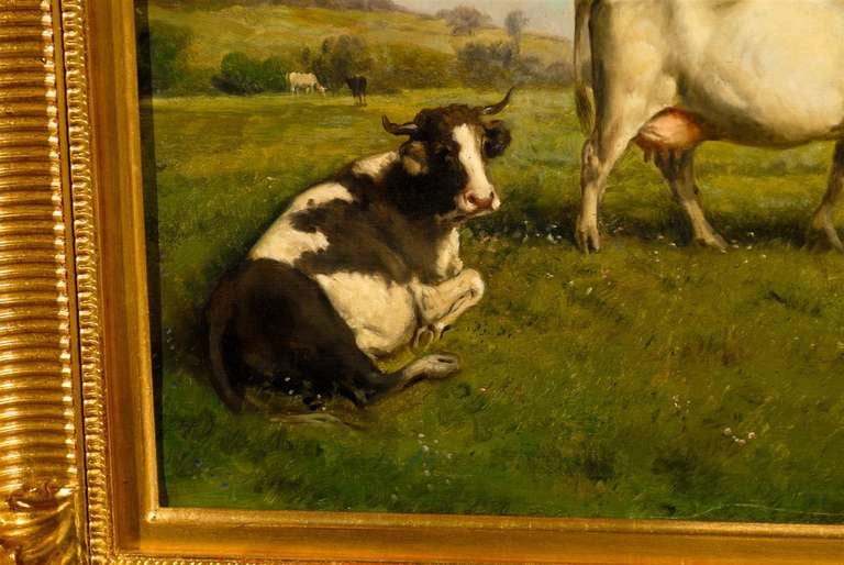 Peinture réaliste française à l'huile sur toile représentant une vache, signée par Théodore Levigne, circa 1880 Bon état - En vente à Atlanta, GA