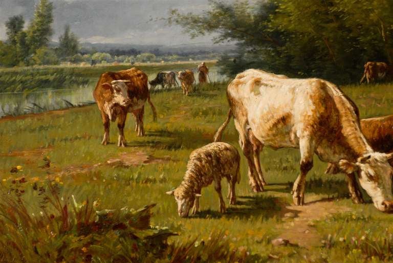 XIXe siècle Peinture à l'huile française de Barbizon représentant un troupeau de bovins par Pablo Martinez del Rio, années 1870 en vente