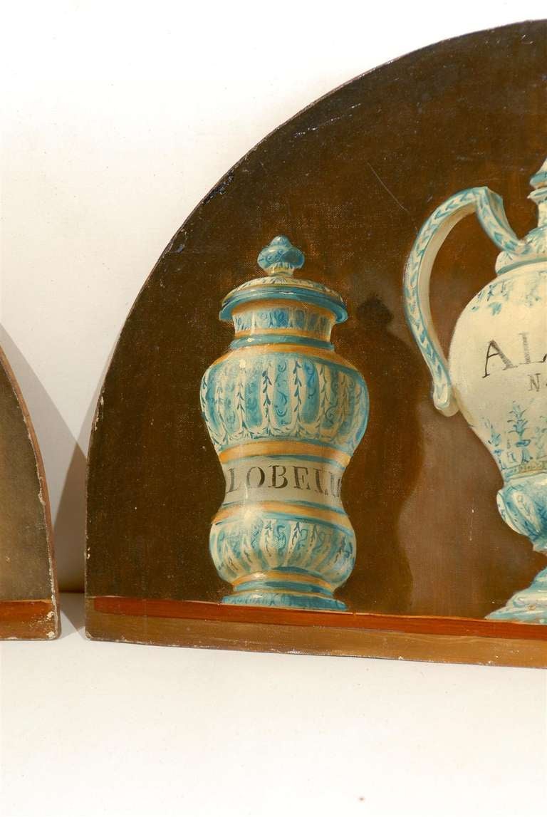 Pair of French 1900s Demilune Maison Jansen Panels, Depicting Apothecary Jars 4