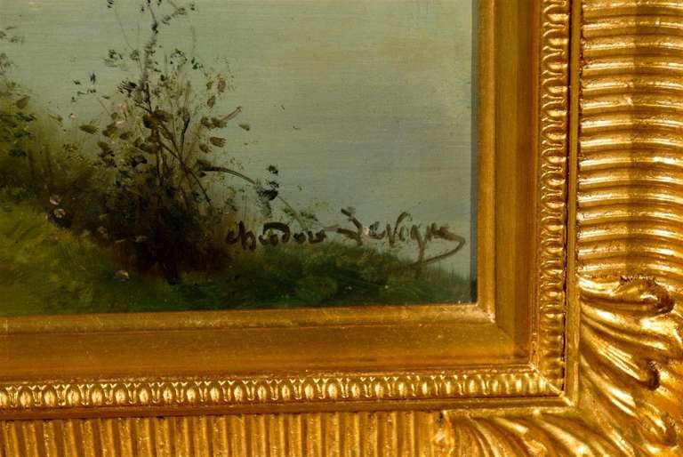 Hand-Painted French Realist Oil on Canvas Cow Painting Signed by Théodore Levigne, circa 1880 For Sale