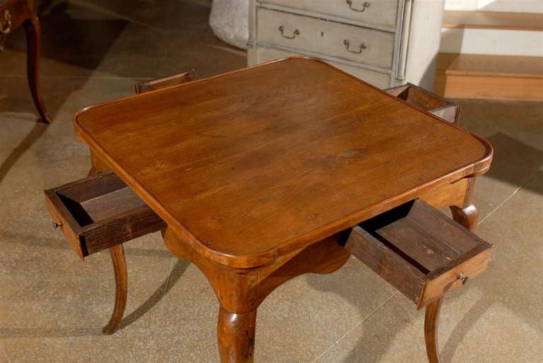 18th Century 1770s French Period Louis XV Walnut Game Table with Pull-Outs and Drawers