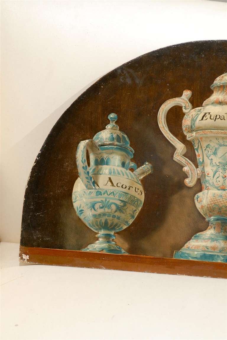 Pair of French 1900s Demilune Maison Jansen Panels, Depicting Apothecary Jars 2