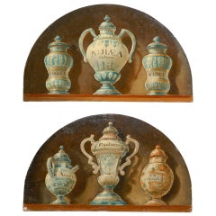 Pair of French 1900s Demilune Maison Jansen Panels, Depicting Apothecary Jars