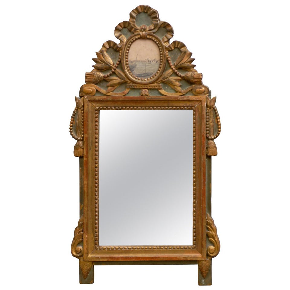 Louis XV 1760s Painted, Gilt and Carved Accent Mirror w/ Grisaille Harbor Scene For Sale