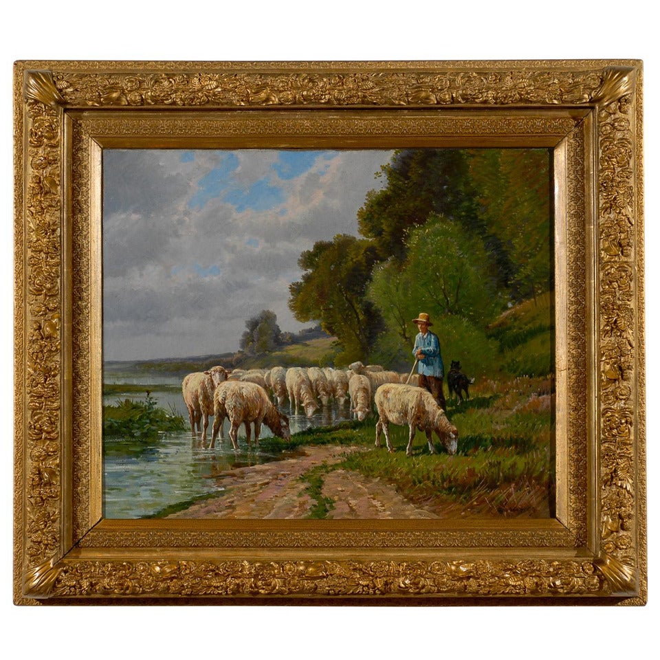 French Barbizon Painting of a Shepherd with His Herd of Sheep, Late 19th Century