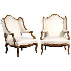 Antique Pair of Louis XV Period French Walnut Confessional Bergère Chairs, circa 1750