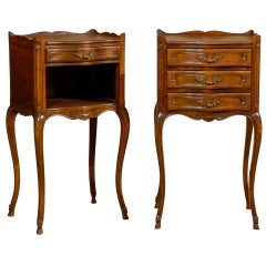Pair of French Louis XV Style Walnut Bedside Tables with Drawers and Open Shelf