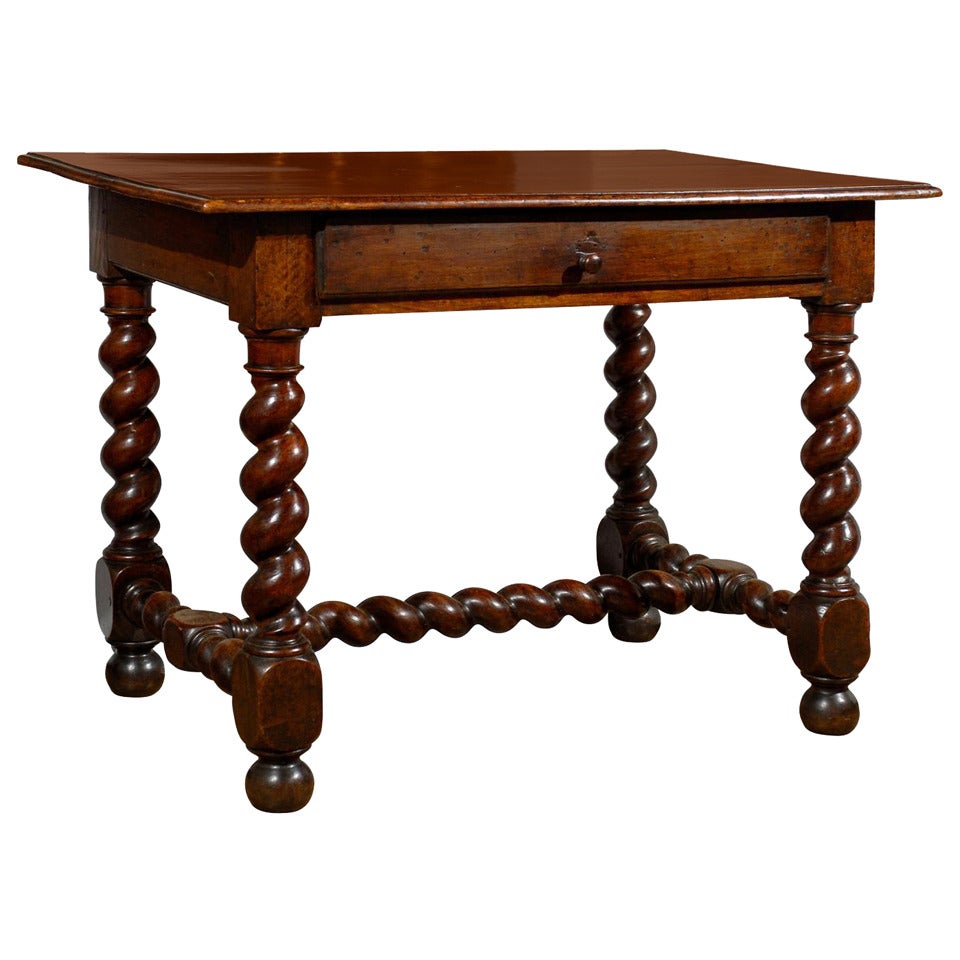 17th Century French Walnut Side Table with Single Drawer and Barley-Twist Base For Sale