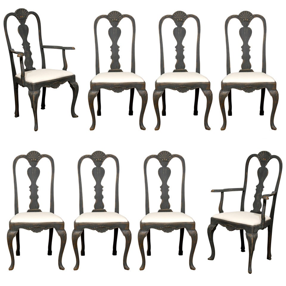 Set of Eight Swedish Rococo Revival Dining Chairs with Carved Splats, circa 1860