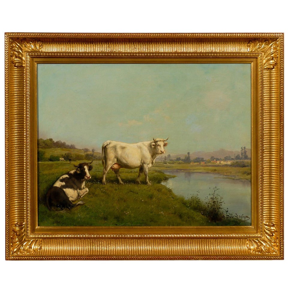 French Realist Oil on Canvas Cow Painting Signed by Théodore Levigne, circa 1880 For Sale