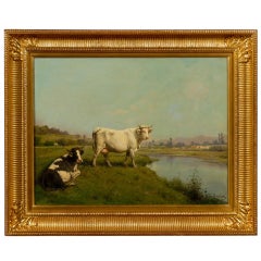 French Realist Oil on Canvas Cow Painting Signed by Théodore Levigne, circa 1880
