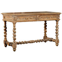 French Louis XIII Style 1880s Table with Two Drawers and Barley Twist Base